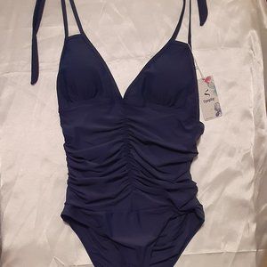 Sz8, Upopby One Piece Ruched Halter Swimsuit. Steel Blue, NWT